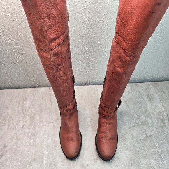 Vince Camuto Equestrian Boots 7.5 Brown Leather Knee High Studded Western Riding - Picture 2 of 14